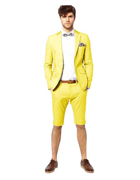 Mens Short Pants Suit Set Mens Yellow Single Breasted Suit Notch Lapel