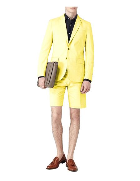 Mens Short Pants Suit Set Mens Yellow Suit Two Button Notch Lapel
