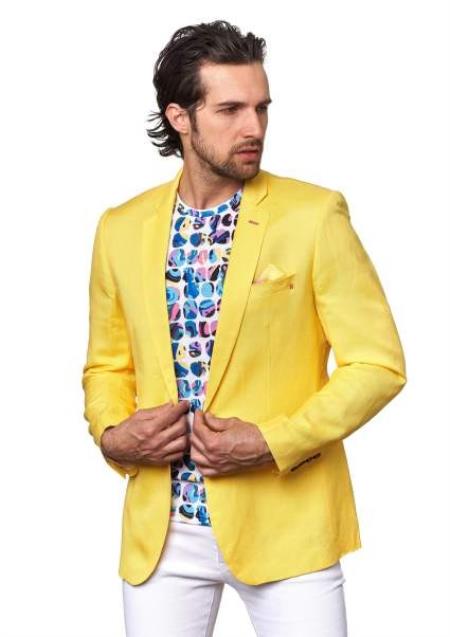 Men's Yellow 2 Piece Causal Outfits Blazer Sport Coat / Beach Wedding Attire For Groom-Mens Linen Suit