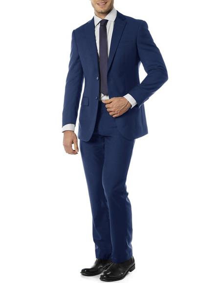 Men's Single Breasted Notch Label Slim Fit Suit Blue