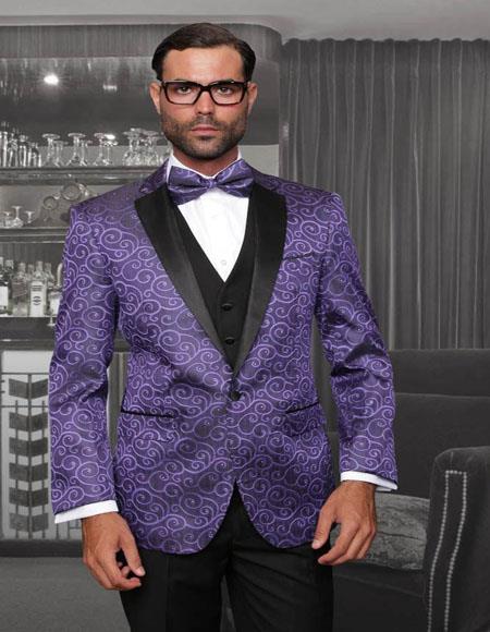 Bellagio Purple 1-Button Notch Black and Purple wool Tuxedo
