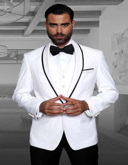 Genova White 1-Button Shawl Tuxedo - 3 Piece Suit For Men - wool Three piece suit