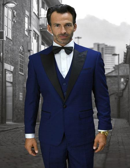 Alberto Sapphire 1-Button Peak Tuxedo - 3 Piece Suit For Men - wool Three piece suit