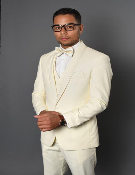 Caesar Off-White 1-Button Shawl Tuxedo - 3 Piece Suit For Men - wool  Three piece suit
