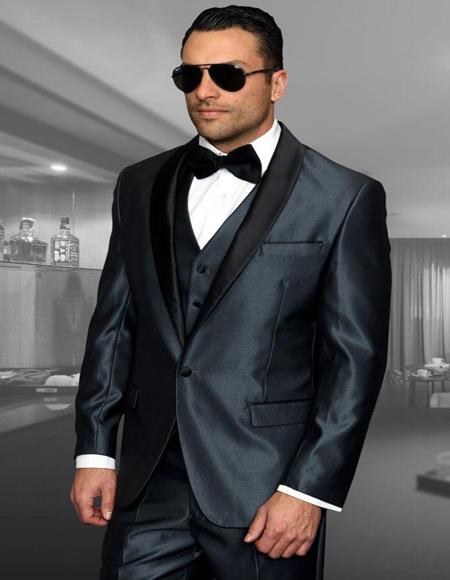 Wynn Blue 1-Button Shawl Tuxedo - 3 Piece Suit For Men - wool  Three piece suit