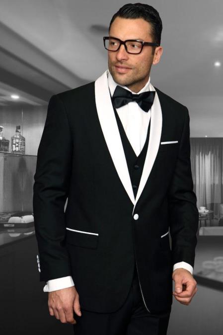 Encore Black 1-Button Shawl Tuxedo - 3 Piece Suit For Men - wool Three piece suit