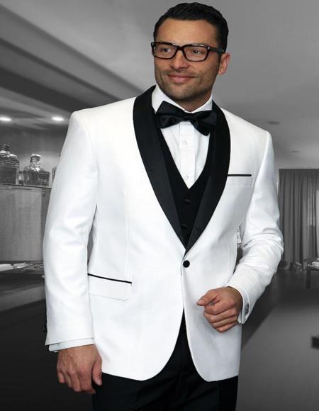 Encore White 1-Button Shawl Tuxedo - 3 Piece Suit For Men - Three piece suit
