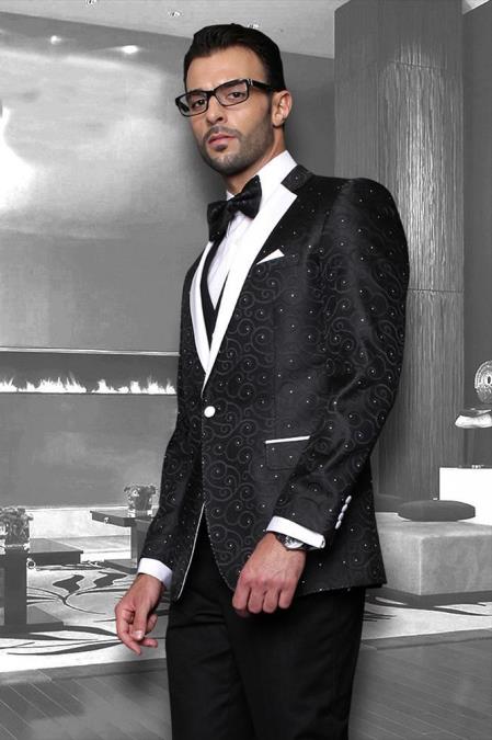 Bellagio Black 1-Button Notch Tuxedo - 3 Piece Suit For Men - Three piece suit
