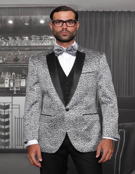 Bellagio Black and Silver Suit 1-Button Notch Tuxedo - 3 Piece Suit For Men - wool Three piece suit
