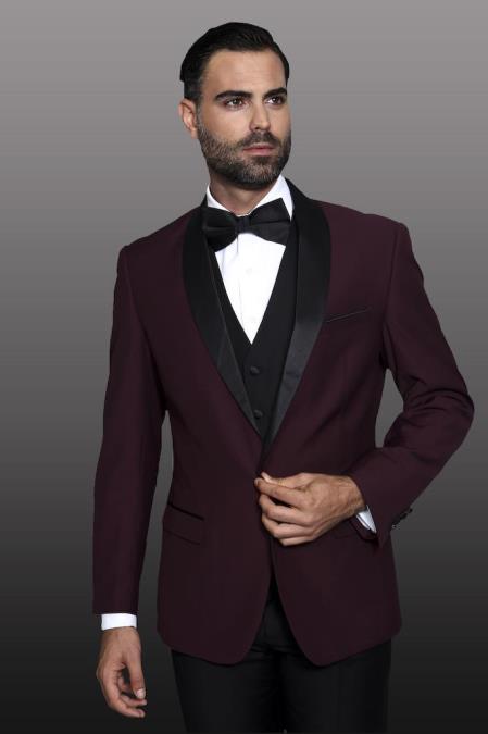 Encore Burgundy 1-Button Shawl Tuxedo - 3 Piece Suit For Men