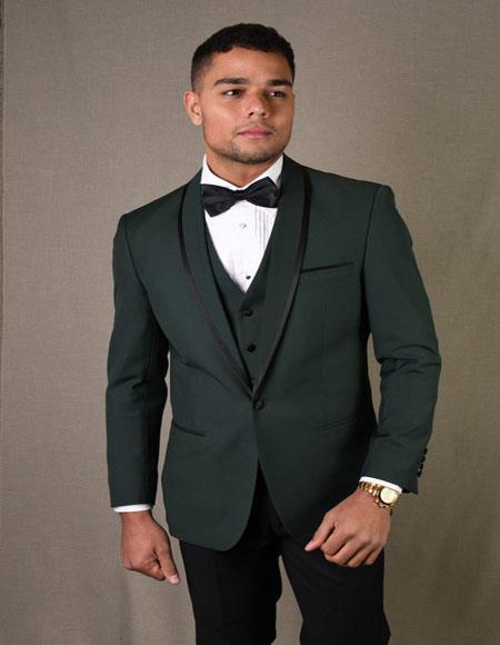 Genova Hunter Green 1-Button Shawl Tuxedo - 3 Piece Suit For Men -  wool Three piece suit