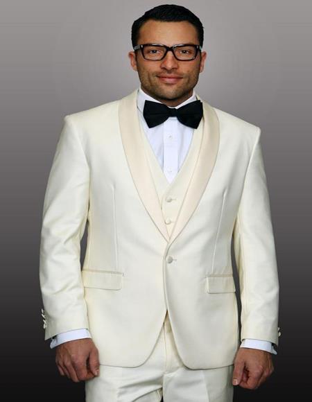 Theo Off-White 1-Button Shawl Tuxedo - 3 Piece Suit For Men - Three piece suit