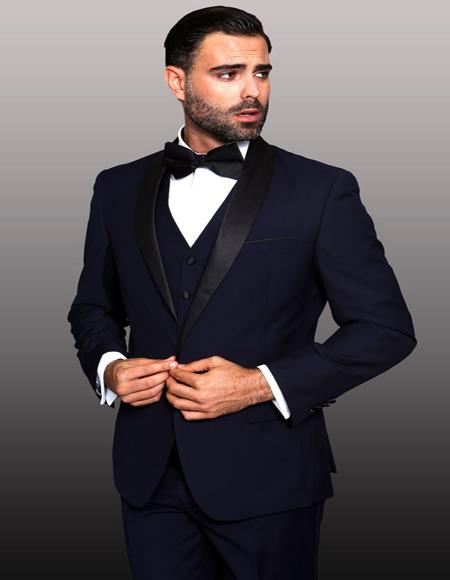 Theo Navy 1-Button Shawl Tuxedo - 3 Piece Suit For Men - Three piece suit