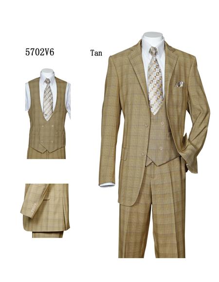 men's Plaid ~ Windowpane Vested Suit with Double Breasted Vested 3 Piece Suit Tan