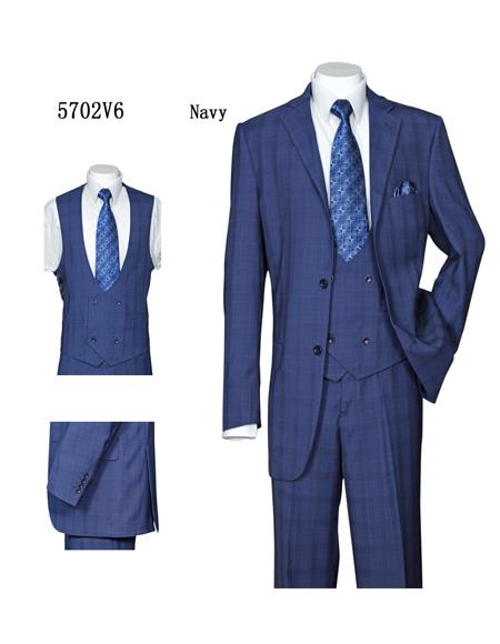 men's Plaid ~ Windowpane Vested 3 Piece Suit with Double Breasted Vested Suit Navy