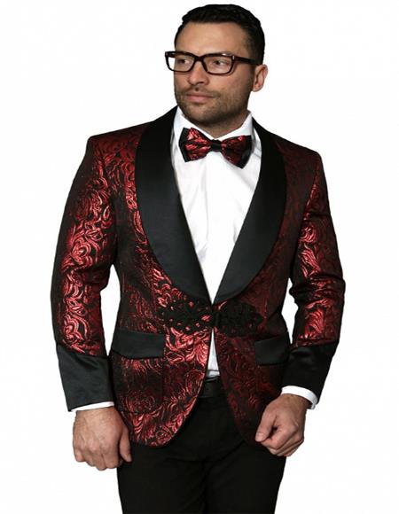 men's Single Breasted Shawl Label Red Pre Order Floral Satin Shiny Fashion Blazer Dinner Jacket Paisley Sport Coat Flashy Stage Fancy Party Prom Perfect For Prom Clothe - Prom Outfits For Guys