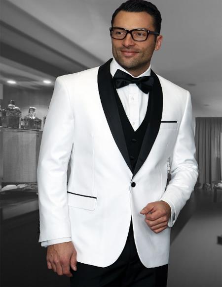 men's 1 Button Shawl Collar Two Toned Tuxedo Dinner Jacket Blazer White