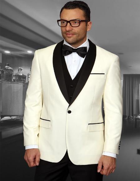 men's 1 Button Shawl Collar Two Toned Cream Tuxedo Dinner Jacket Blazer 