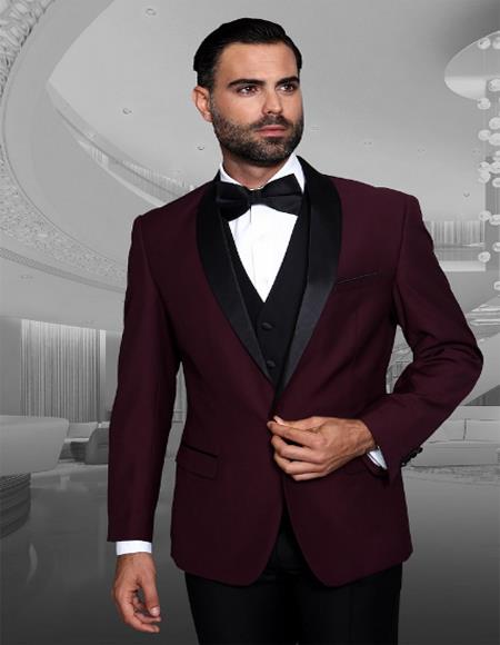 men's 1 Button Shawl Collar Two Toned Burgundy Tuxedo Dinner Jacket Blazer 