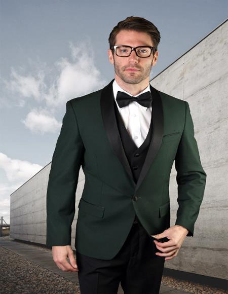 Hunter Green Tuxedo Tuxedos Colored Suit With Black Vest and Black 3 Pieces Prom ~ Wedding Suit 