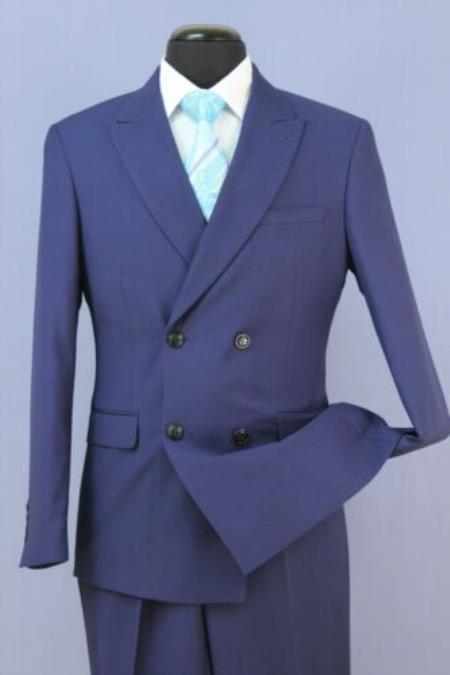 Mens French Blue 4 Button Double Breasted Slim Fit Suit New With Peak Lapels