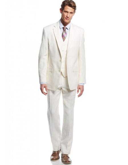 Linen Fabric Ivory Cream Vested 3 Piece 2 Button Suit ( Jacket and Pants)  For Men