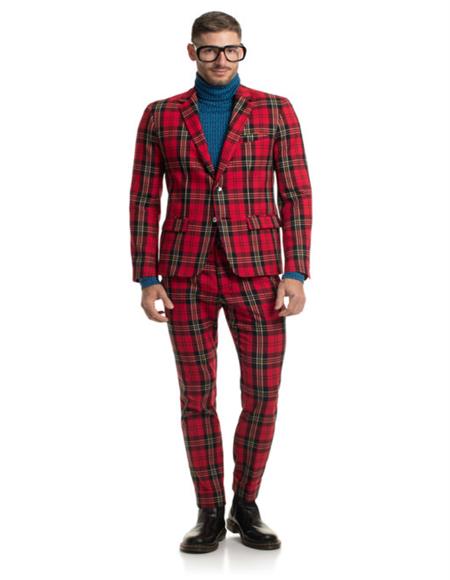 Single breasted 2 button 2 flap pocket red tartan suit for men