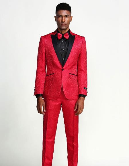 Red Suit Paisley Slim Fit Tuxedo Three Piece Set - Wedding - Prom
