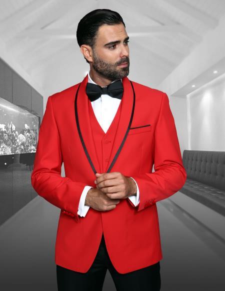 Red Single Breasted Shawl Lapel Dress Mens Suit Comes with Black Pants 