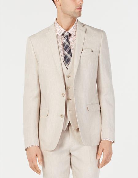 Mens Slim-Fit Men's 2 Piece Linen Causal Outfits Tan Suit Jacket / Beach Wedding Attire For Groom