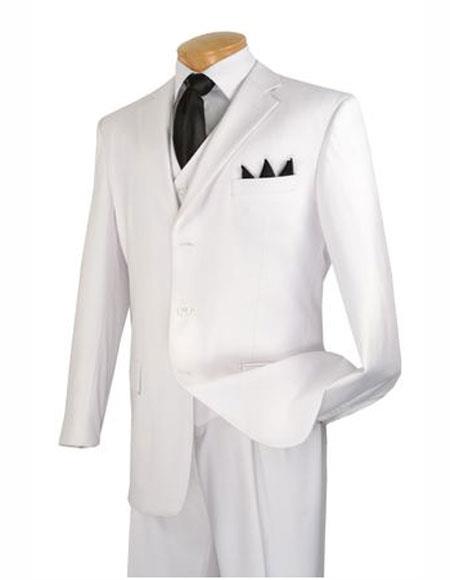 Vested 3 Piece - Three buttons - Mens Suit White Notch Lapel Single Breasted White