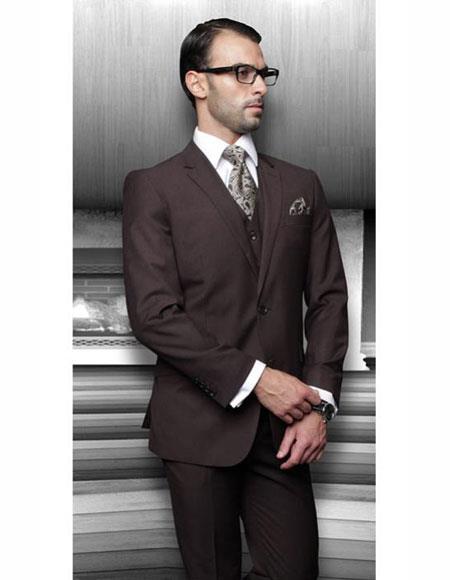 Mens Athletic Cut Classic Solid Brown Suits Relax Fit Pleated Pants  Wool 19 Inch Bottom