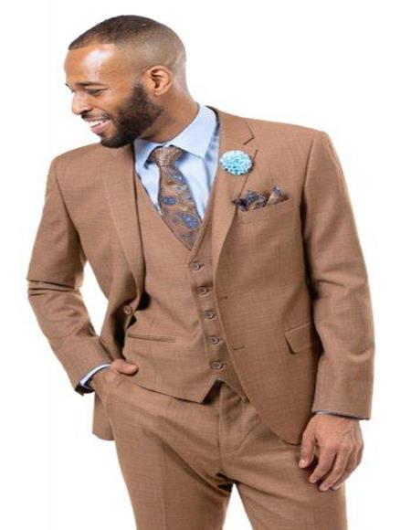 E. J. Samuel Mens Brown Plaid Wide Leg Vested Suit - 3 Piece Suit For Men - Three piece suit