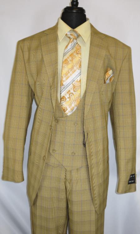 Mens Suit Single Breasted Notch Lapel Tan ~ Plaid Design Suit Jacket - 3 Piece Suit For Men - Three piece suit