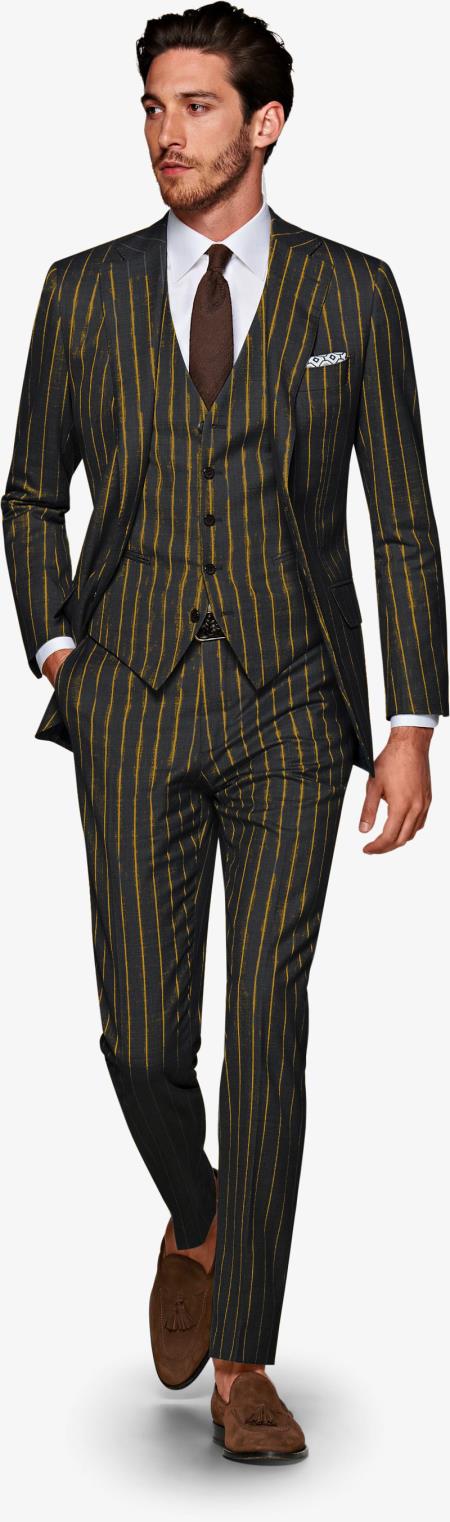  Pre order for Jan/1//2021 1920s 1940s Mens Gatsby Vintage Suit Black and Gold Pinstripe For Sale