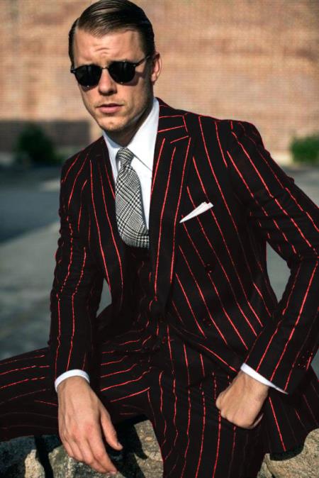 Mens Black and Red Pinstripe Gatsby  Cheap Priced Mobster Vintage Suit 