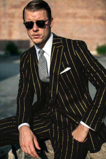 Mens Black and Gold Pinstripe Six Button Double Breasted Suit