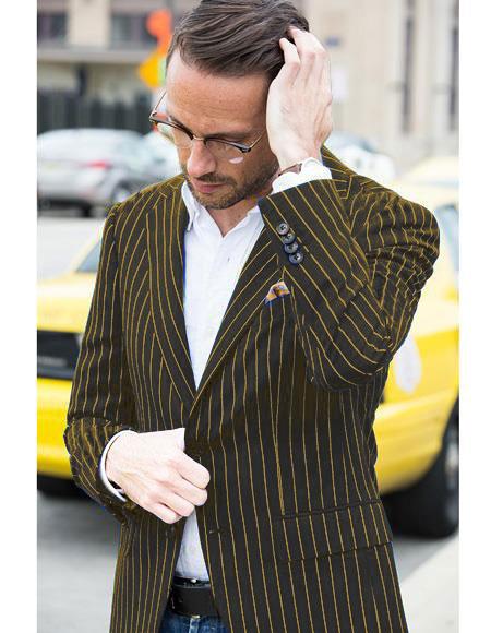 Mens Two Button Single Breasted Black and Gold Pinstripe Blazer