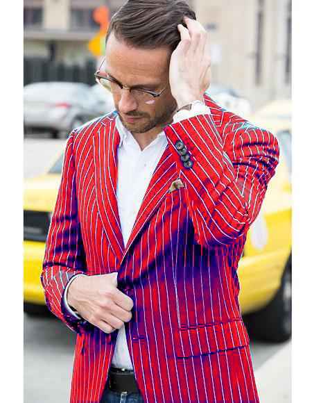 Mens Two Button Single Breasted Red and Bold Pinstripe Blazer