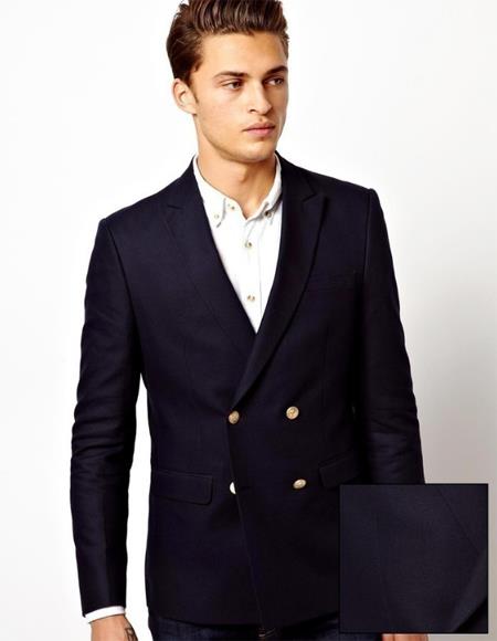 Mens Four Button Solid Navy Peak Lapel Double Breasted Wool Blazer
