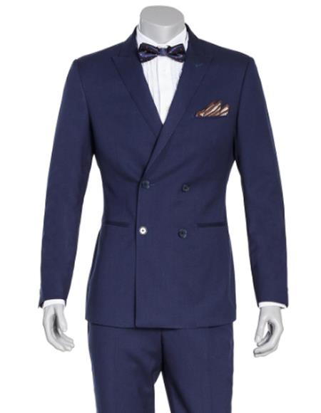 Mens Navy Blue Double Breasted Slim Fit Wool Suit 
