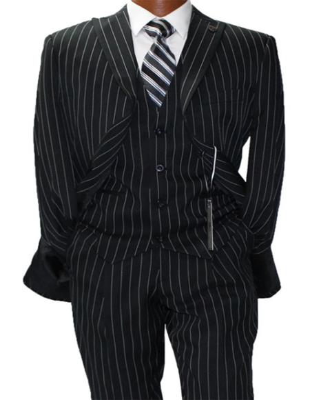 Mars Black w White Pinstripe Vested Classic Fit Suit