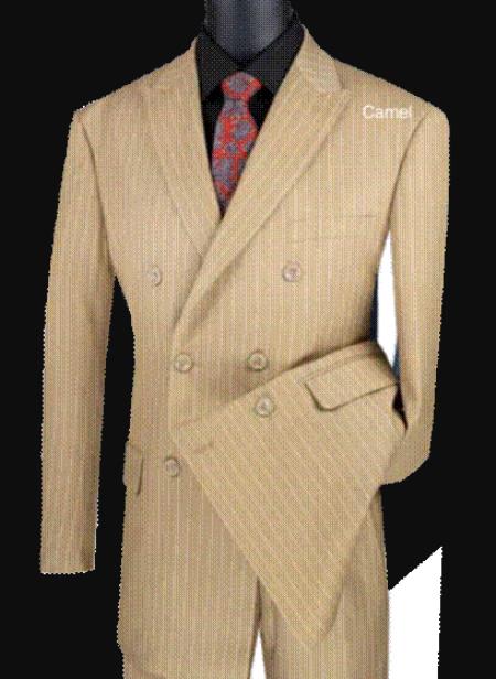 Tan ~ Beige Pinstripe Double Breasted Camel ~ khaki ~ Gold Stripe Suit Pleated Pants Side Vented