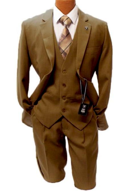 Mens Taupe Vested Classic Fit Suit - Khaki Suit - Camel Color