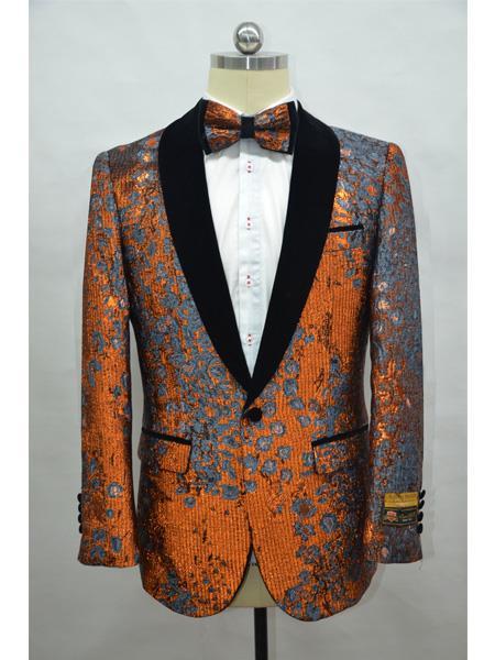 Orange Tuxedo Dinner Jacket Fashion Sport Coat Shiny Blazer Two Toned Paisley Floral Blazer + Matching Bowtie Included