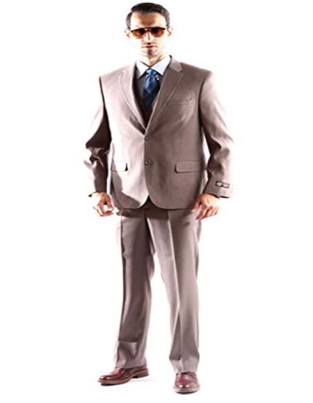 Mens Tan Three Piece Vested Dual Side Vents Pinstripe Dress Suit