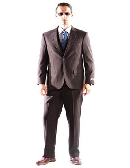 Mens Brown Three Piece Vested Two Flap Front Pockets Dual Side Vents Suit