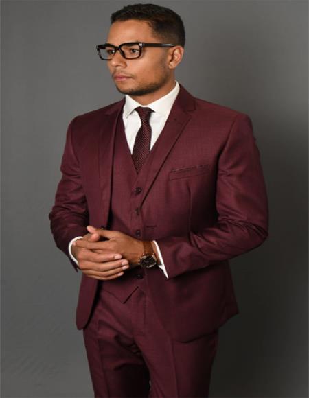Mens Burgundy Two Button Solid Pattern 3-Piece Vested Tapered Skinny Slim Fit Wool Suit 