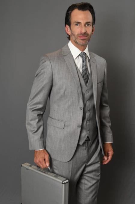 Mens Grey 100% Wool Solid Pattern Side Vents Slim Fit Suit 