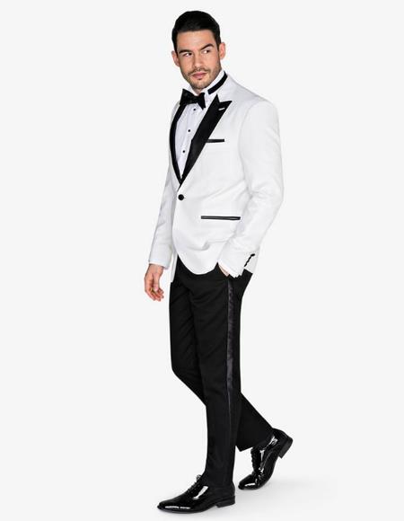 Mens White Prom - Wedding - Groom Fabric Tuxedo With Black Lapel with black Pants